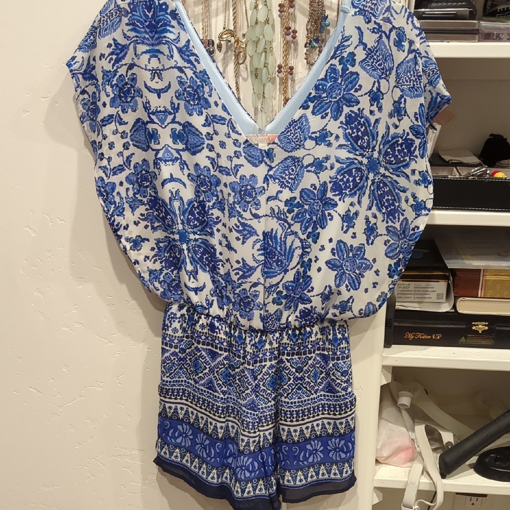 Blue and White Floral Romper